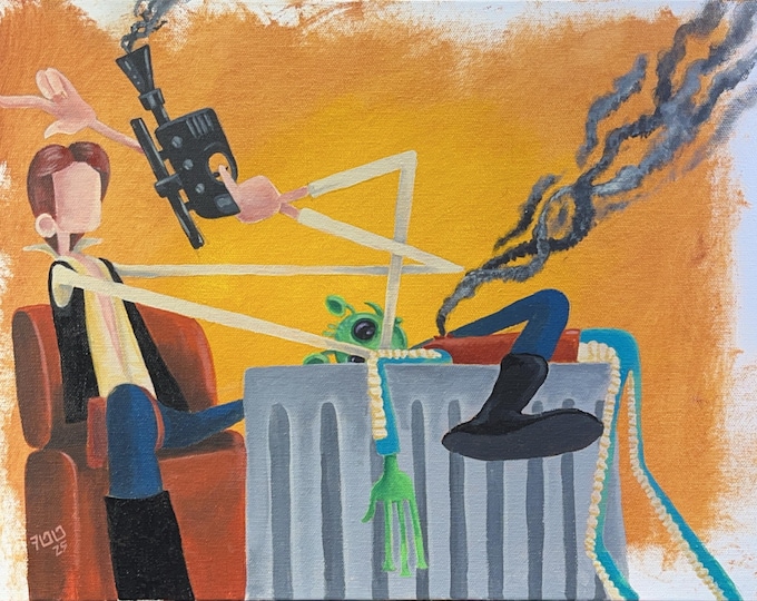 Space Smuggler Acrylic Painting: Noodle Realism Sci-Fi Wall Art