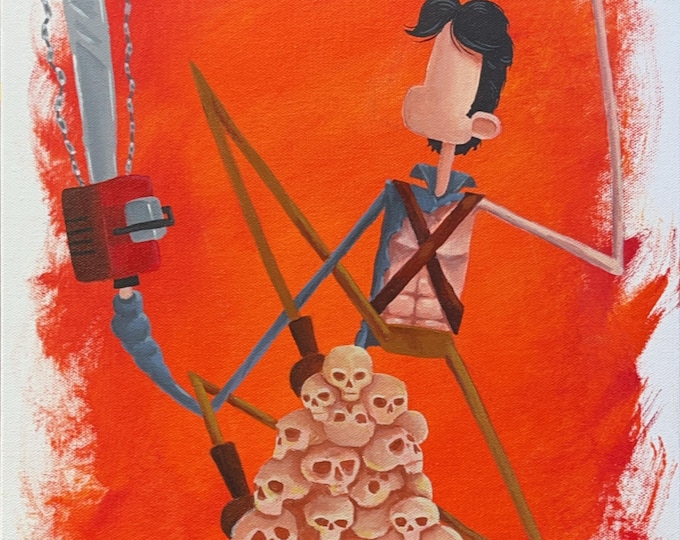 Epic Horror Comedy Acrylic Painting on Canvas Board – Chainsaw Hero Surreal Wall Art