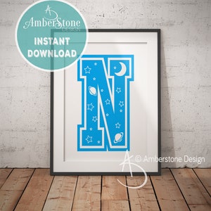 Blue Letter N, LETTER N Print, Letter N, Blue Nursery, Boys Letter N, Baby Boy Print, Gift for Baby Boy, Baby Shower, Blue Letter Monogram
