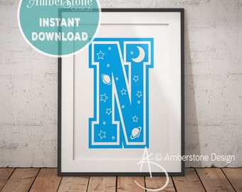 Blue Letter N, LETTER N Print, Letter N, Blue Nursery, Boys Letter N, Baby Boy Print, Gift for Baby Boy, Baby Shower, Blue Letter Monogram