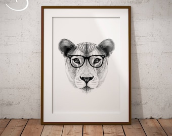 HIPSTER LIONESS Drawing download, Lioness decor, Hipster Lioness, Printable Lioness Poster, Printable Decor, Hipster Animals, Lioness Print