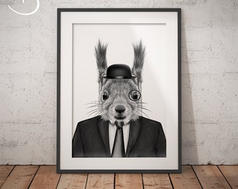 SQUIRREL IN SUIT Art Print, Squirrel Printables, Printable Art, Squirrel , Animals in suits, Black and White Art,  Squirrel in Suit Prints