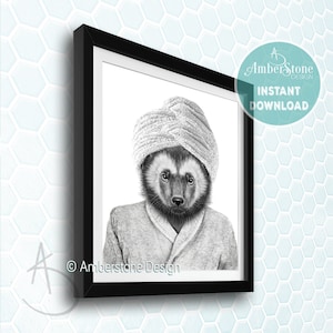 Wolverine in Bathrobe, Wolverine Printable, Wolverine Prints, Wolverine Bathroom, Whimsy Animal, Toilet poster, Kids Bathroom Art, Funny Art