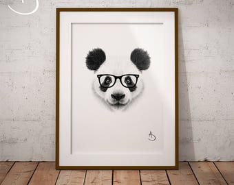 CUTE HIPSTER PANDA Drawing download, Panda Wall decor, Hipster Panda Print, Printable Panda Poster, Panda Decor, Hipster Animal Print, Panda