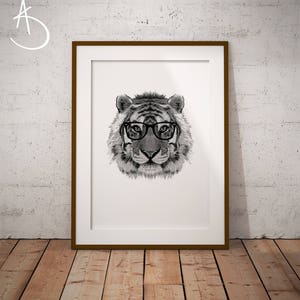 Hipster Tiger Drawing: Black and White Animal Print (Digital Download)