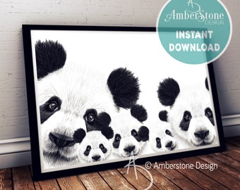 Panda Family Print, Family of Panda, Panda Print, Panda Decor, Family of 5, Instant Download, Panda Family Portrait, Family of five, Panda