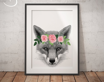 Fox Flower Crown, Fox Print, Printable Wall Art, Animals floral crowns print, Fox Printables, Animals Flower Crown, Fox Flower Crown Print