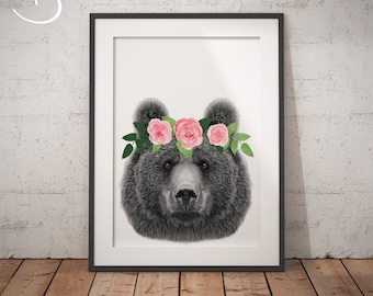 Bear Flower Crown, Bear Print, Printable Wall Art, Animals floral crowns print, Bear Printables, Animals Flower Crown, Flower Crown Print