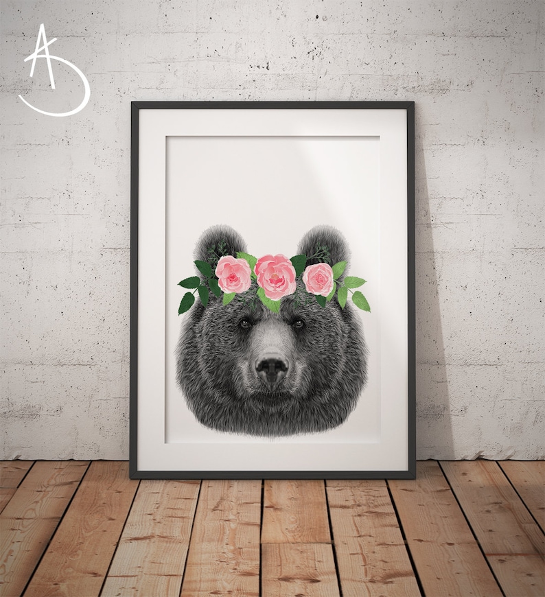 Bear Flower Crown, Bear Print, Printable Wall Art, Animals floral crowns print, Bear Printables, Animals Flower Crown, Flower Crown Print image 1