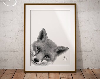 CUTE PEEKABOO FOX Drawing download, Fox Wall decor, Peekaboo Fox Print, Printable Fox Poster, Fox Decor, Peekaboo Animals, Peekaboo Fox, Fox