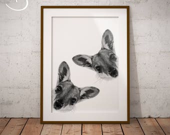 CURIOUS WALLABY Drawing download, Wallaby Wall decor, Wallaby Art, Printable Wallaby Poster, Wallaby Decor, Curious Animals, Wallaby PRINT