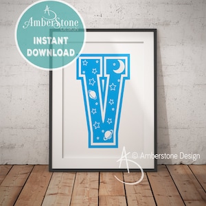 Blue Letter V, LETTER V Print, Letter V, Blue Nursery, Boys Letter V, Baby Boy Print, Gift for Baby Boy, Baby Shower, Blue Letter Monogram