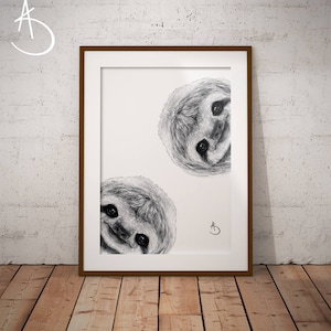Curious Sloth Drawing: Black and White Animal Print (Digital Download)
