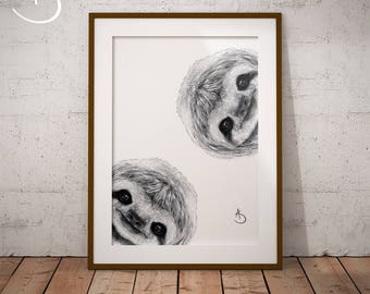 CUTE CURIOUS SLOTH Drawing download, Sloth Wall decor, Curious Sloth Print, Printable Sloth Poster, Sloth Decor, Curious Animals, Sloth Art