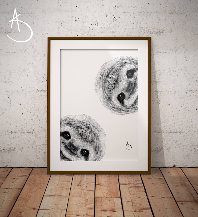 CUTE CURIOUS SLOTH Drawing download, Sloth Wall decor, Curious Sloth Print, Printable Sloth Poster, Sloth Decor, Curious Animals, Sloth Art image 1