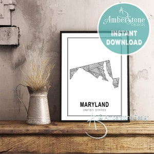 MARYLAND ART PRINT, Instant Download, Maryland Print, Maryland State Print, Printables, Black and White Print, Maryland Art Prints