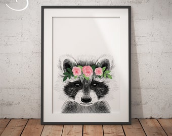 RACOON FLOWER Crown, Printable, Animals floral crown print, Racoon , Printables, PDF, Print, Animals Flower Crown, Racoon Flower Crown Print