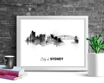 SYDNEY SKYLINE PRINT, Printable Poster, City Printables, Black White Print, Sydney Minimalist Art, Sydney Prints, Sydney Skyline Watercolor,