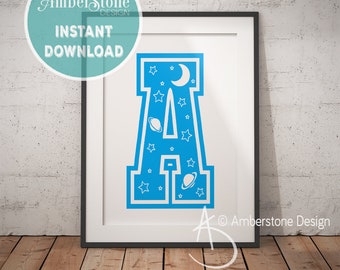 Blue Letter A, LETTER A Print, Letter A, Blue Nursery, Boys Letter A, Baby Boy Print, Gift for Baby Boy, Baby Shower, Blue Letter Monogram