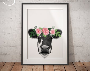 Cow Flower Crown, Cow Print, Printable Wall Art, Animals floral crowns print, Cow Printables, Animals Flower Crown, Cow Flower Crown Print