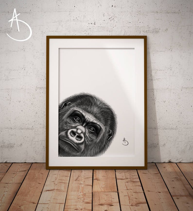 GORILLA WALL ART, Gorilla Print, Printables, Jungle Animals, Animal Print, Printable Gorilla, Gorilla Decor, Black White Print, Gorilla Art image 1