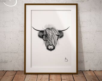 HIGHLAND COW PRINT, Hipster Highland Cow, Highland cow decor, Printable Art, Printable Poster, Printables, Black and White, Hipster Animals