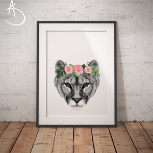 MOUNTAIN LION FLOWER Crown, Mountain Lion Print, Printable Art, Animals floral crown print, Animals Flower Crown, Mountain Lion Flower Crown