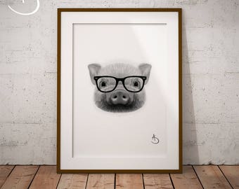 CUTE HIPSTER PIG Drawing download, Pig Wall decor, Hipster Pig Print, Printable Pig Poster, Pig Decor, Hipster Animal Print, Hipster Pig Art
