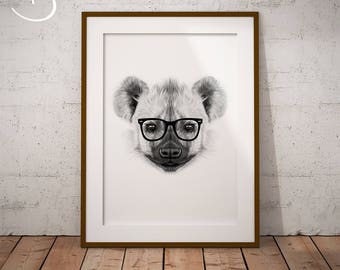 HIPSTER HYENA Drawing download, Hyena decor, Hipster Hyena Print, Printable Hipster Poster, Printable Decor, Hipster Animal, Hyena Print