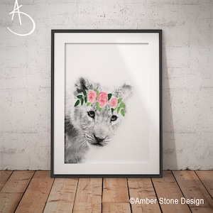 Baby Lion Floral Crown Print: Nursery Animal Art (Digital Download)