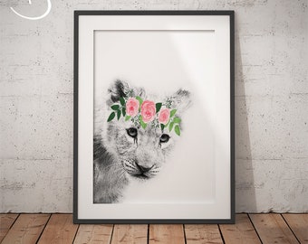 BABY LION FLOWER Crown, Baby Lion Print, Printable Art, Animal floral crown print, Lion Printables, Lion Print, Baby Lion Flower Crown Print