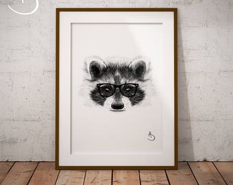 CUTE HIPSTER RACOON Drawing download, Racoon decor, Hipster Racoon Print, Printable Racoon Poster, Printable Decor, Hipster Animal, Pdf Art