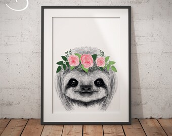 SLOTH FLOWER CROWN, Sloth Print, Printable Art, Animals floral crown print, Sloth Printables, Animals Flower Crown, Sloth Flower Crown Print