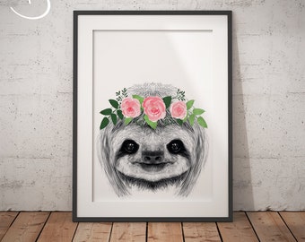 SLOTH FLOWER CROWN, Sloth Print, Printable Art, Animals floral crown print, Sloth Printables, Animals Flower Crown, Sloth Flower Crown Print