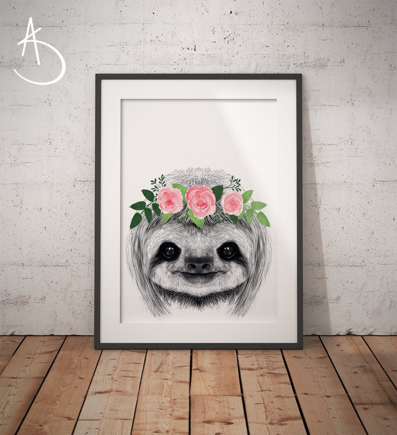 SLOTH FLOWER CROWN, Sloth Print, Printable Art, Animals floral crown print, Sloth Printables, Animals Flower Crown, Sloth Flower Crown Print image 1