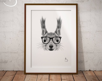 CUTE HIPSTER SQUIRREL Drawing download, Wall decor, Hipster Squirrel Print, Printable Squirrel Poster, Squirrel Decor, Hipster Animal Print