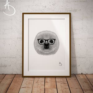 HIPSTER SEAL Print, Seal decor, Hipster Baby Seal Print, Printable Poster, Printable, Seal Prints, Seal Art, Black and White, Hipster Animal
