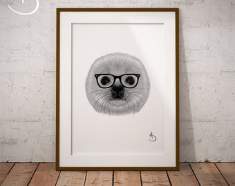 HIPSTER SEAL Print, Seal decor, Hipster Baby Seal Print, Printable Poster, Printable, Seal Prints, Seal Art, Black and White, Hipster Animal