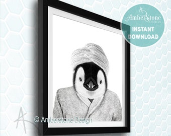 Penguin in Bathrobe, Penguin Printable, Penguin Print, Penguin Bathroom, Whimsy Animal, Toilet poster, Kids Bathroom Art, Funny Art, Penguin