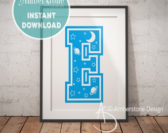 Blue Letter E, LETTER E Print, Letter E, Blue Nursery, Boys Letter E, Baby Boy Print, Gift for Baby Boy, Baby Shower, Blue Letter Monogram