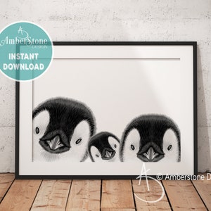 Penguin Family Art Print, Family of three, Penguin Print, Family of 3, Instant Download, Penguin Family Portrait, Nursery, Family of Penguin