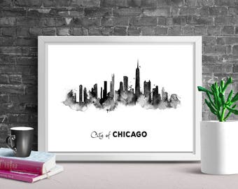 CHICAGO SKYLINE PRINT, Printable Poster, City Printables, Black White Print, Chicago Minimalist, City Print, Chicago Print, Chicago Skyline,