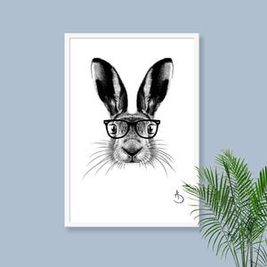 CUTE HIPSTER HARE Drawing download, Hare decor, Hipster Hare Print, Printable Hare Poster, Printable Decor, Hipster Animals, Woodland decor image 2