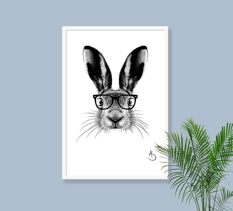 CUTE HIPSTER HARE Drawing download, Hare decor, Hipster Hare Print, Printable Hare Poster, Printable Decor, Hipster Animals, Woodland decor image 2