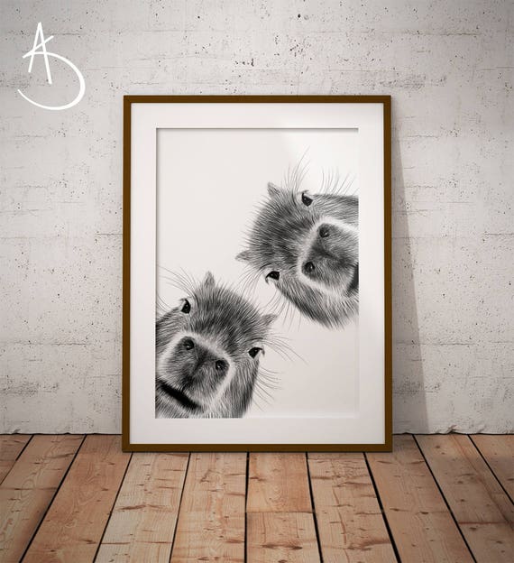 Capybara Art Print: Curious Black and White Drawing (Digital Download)