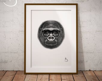 HIPSTER GORILLA PRINT, download Print, Gorilla decor, Hipster Gorilla Print, Printable Poster, Printables, Black and White, Hipster Animals