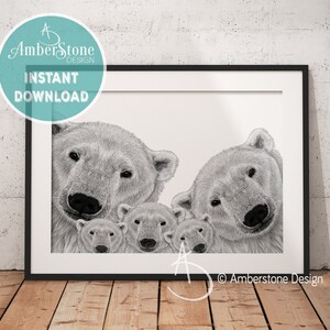 Polar Bear Family Print, Family of Polar Bear, Polar Bear Print, Polar Bear Decor, Family of 5, Instant Download, Polar Bear Family Portrait