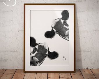 CUTE CURIOUS COW Drawing download, Cow Wall decor, Curious Cow Print, Printable Cow Poster, Cow Decor, Curious Animals, Cow Art, Cow Print