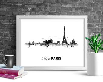 PARIS SKYLINE Print, Printable Poster, City Printables, Black White Print, Paris Minimalist Art, City Print, Paris Watercolor Skyline, Paris