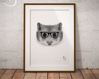 CUTE HIPSTER HAMSTER Drawing download, Hamster decor, Hipster Hamster Print, Printable Hamster Poster, Printable Decor, Hipster Animal, Pdf